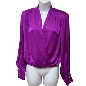 Express  Satin Blouse With Wrap Front & Embellished Cuffs Long Sleeve Womens S N